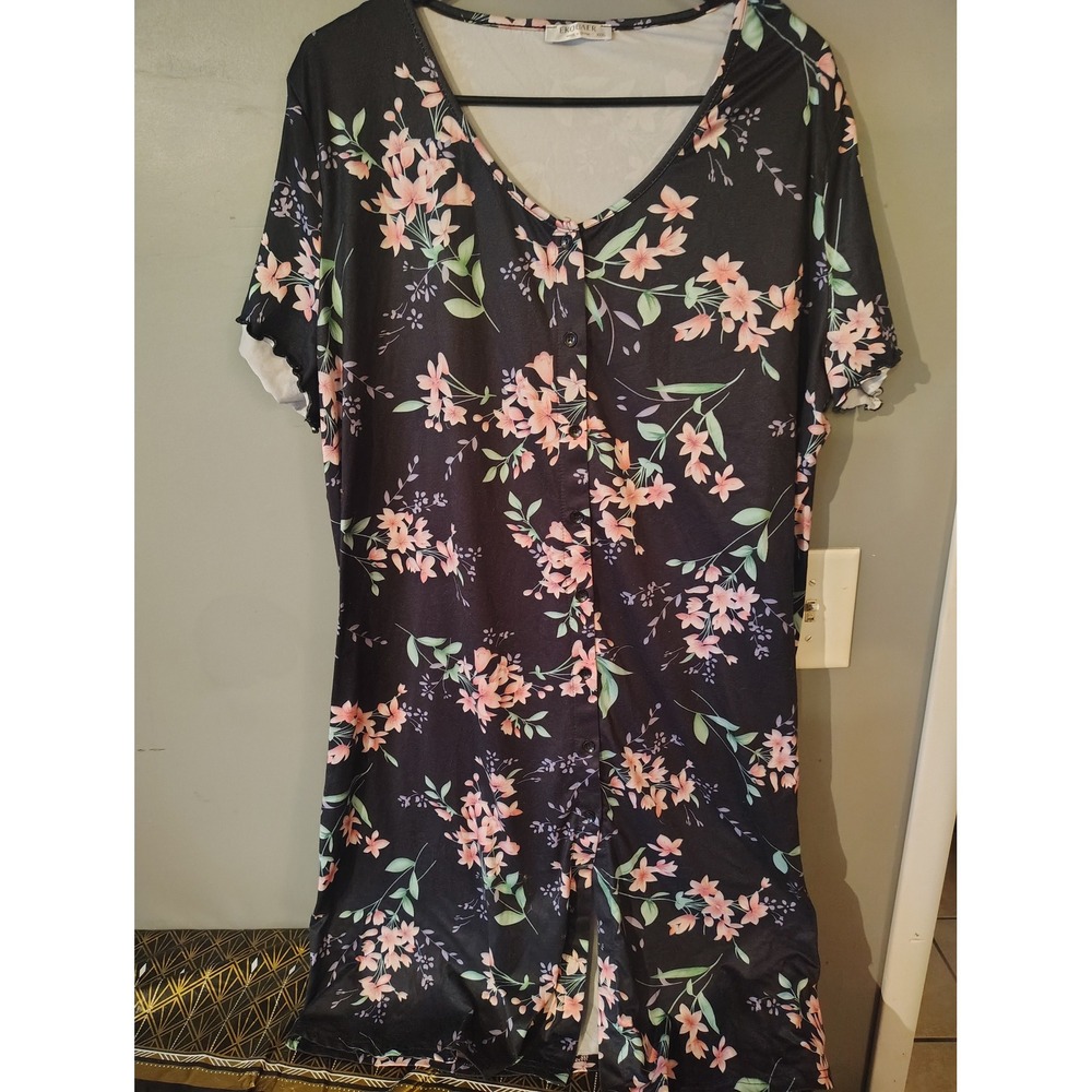 Ekouaer Womens Floral Nightgown Black Pink Button Front Sleep Dress XXXL